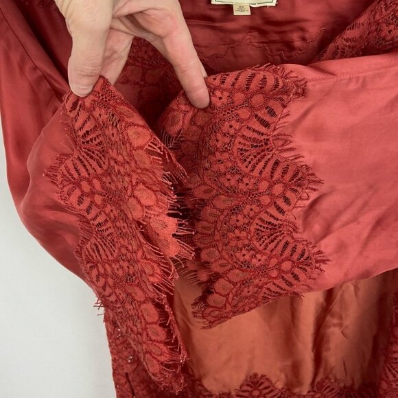 Anthropologie Moulinette Soeurs Satin Lace V-Neck Blouse Size XS Red Bohemian - Picture 9 of 11
